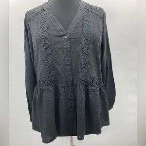 Lane Bryant Women’s Black Lace Detail Button Down Long Sleeve V- Neck Blouse